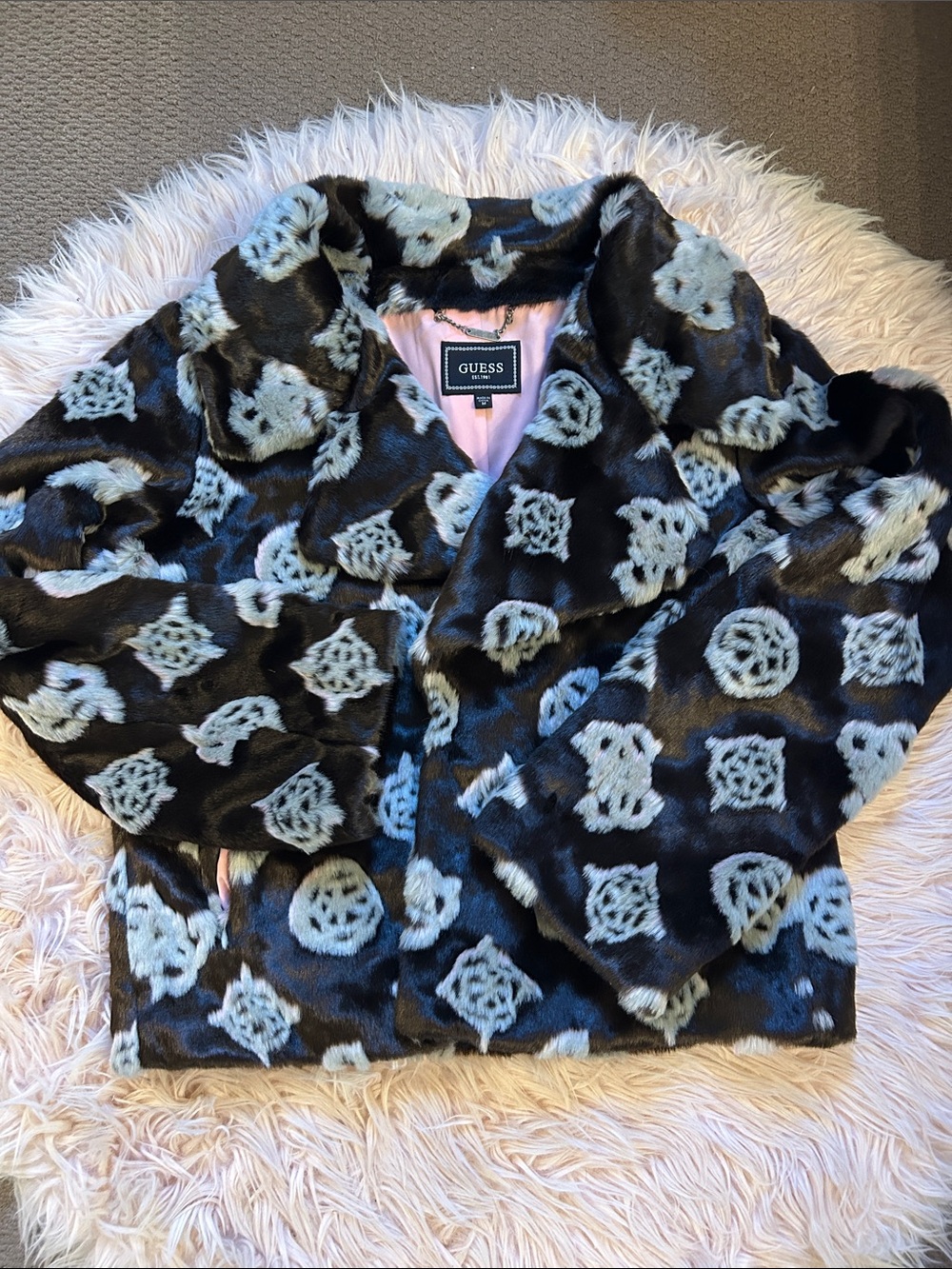 GUESS Black and Light Blue Faux Fur Teddy Jacket